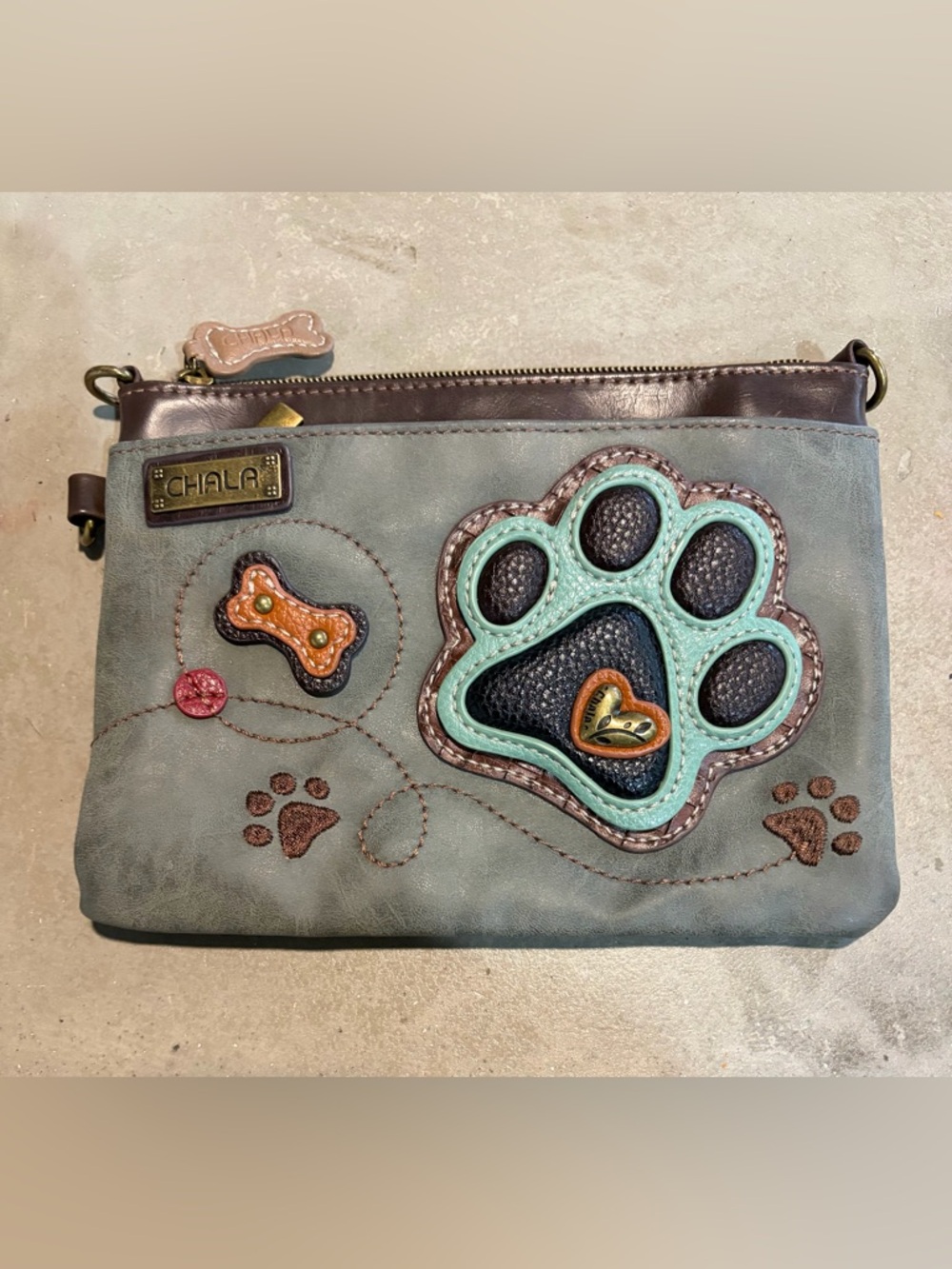 Chala Teal & Brown Paw Patch Wristlet/Crossbody Puppy Bag, Embroidery, Dog Lover